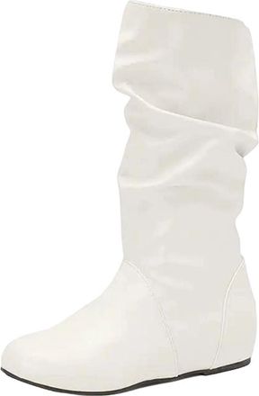 Generic Womens Fashion Mid Calf Booties Round Toe High Height Increasing Heel Slip On With Pleated Shaft Design