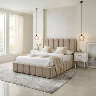 Furniturebox Trifle Taupe Velvet Ottoman Double Bed Frame in Beige | Size: King