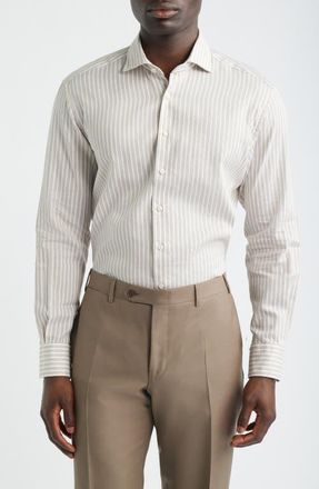 Eterna Slim Fit Stripe Non-Iron Cotton & Linen Dress Shirt in Beige at Nordstrom, Size 15.5 - L
