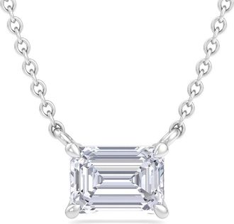 SuperJeweler Emerald Cut Lab Grown Diamond Pendant Necklace in 14K White or Yellow Gold - 1/4 to 7 Carat Total Weight - Classic Solitaire Setting for Women