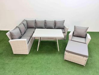 Fimous Garden Outdoor Rattan Furniture Set with Armchair Footstool 8 Seater in Light Grey