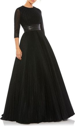 Mac Duggal Shimmering Pleated A-Line 3/4 Sleeve Gown in Black at Nordstrom, Size 12