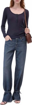 Closed Deep Neck Long Sleeve Tee In Dark Night