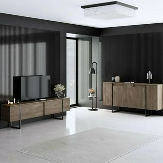 Dmora Conjunto Muebles De Sala Pignano, Modulares, 4 Estantes, Puertas Batientes Y Abatibles, Color Nogal