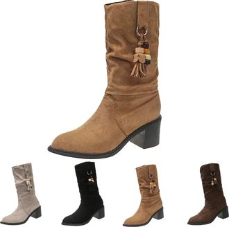 Generic Womens Pointed Toe Mid Calf Boots Slouchy Comfort Chunky Block Heel Shoes Winter Faux Suede Rouched Boots Ladies Non-Slip Rubber Pull On Shoes Brown