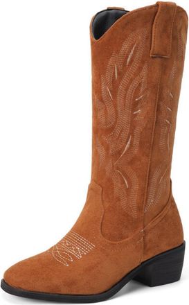 Generic Womens Mid Block Heel Country Boots Round Toe Faux Suede Mid-Calf Boots Pull on Western Cowboy Boot with Embroidery Stitched,Brown,9.5 UK