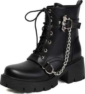 Generic Womens Gothic Ankle Boots with Bat Buckle & Chain Detail Lace-Up Zipper Chunky Lug Sole PU Leather Comfortable Anti-Slip Wear-Resistant for Daily Casu