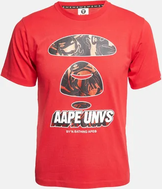 A Bathing Ape Red Digital Printed Cotton Knit Crew Neck T-Shirt