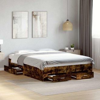 vidaXL Cama Con Cajones Madera De Ingenier&iacute;a Roble Ahumado 135x190 Cm Vidaxl