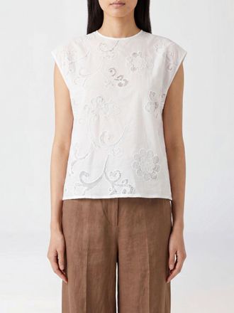 Semicouture Top in cotone e pizzo ricamato a maniche corte