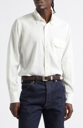 Drake's Curved Flap Linen Button-Down Shirt in White at Nordstrom, Size X-Large