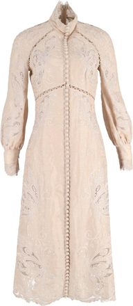Zimmermann Super Eight Embroidered Midi Long Sleeve Dress in Beige Linen