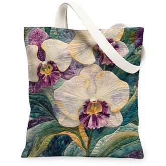 Generic Spring Quilted Orchid Flower Canvas Tote Bag for Shopping 13x15, Floral Wildflower Reusable Grocery Print Pattern Bag for Women, Fun Garden Beach Aest