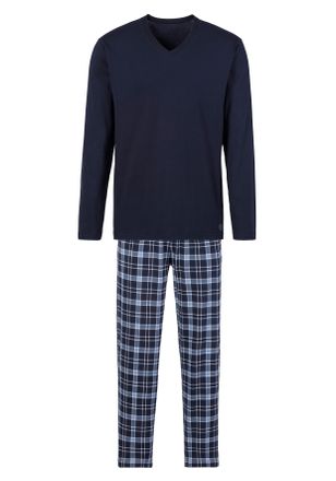 s.Oliver Pyjama S.OLIVER, Herren, Gr. 44/46, blau (marine, kariert), Single Jersey, Obermaterial: 100% Baumwolle, kariert, Basic, bequem lang, V-Ausschnitt, ab