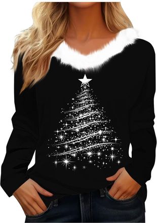 Generic Christmas Sweatshirts for Women UK Ladies Tops Glitter Xmas Tree Jumpers Furry V Neck Long Sleeve Shirts Funny Snowflake Graphic Tops Loose Fit Blouse