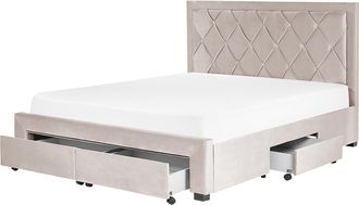 Beliani Cama Con Almacenaje De Terciopelo Beige 160 X 200 Cm Cajones Cabecero Alto Capiton&eacute; Glamuroso Lievin