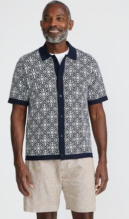 Lands End Short Sleeve Tile Jacquard Button Down Sweater Polo in Radiant Navy/vanilla Tile at Nordstrom, Size X-Large