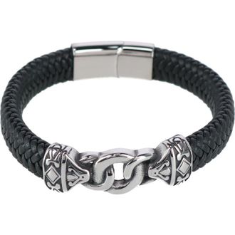 Trafalgar Store Loose Fit Silver Interlock Pattern on Black Leather Bracelet at Nordstrom