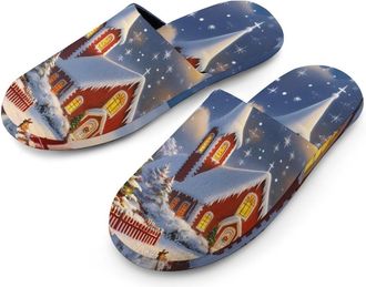 Generic Christmas Tree Church Night Mens Slippers Flannel Warm House Shoes with Rubber Anti-Slip Sole Slip On for Home Outdoor