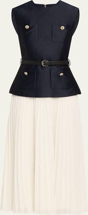 Self Portrait Belted Mixed-Media Midi Dress