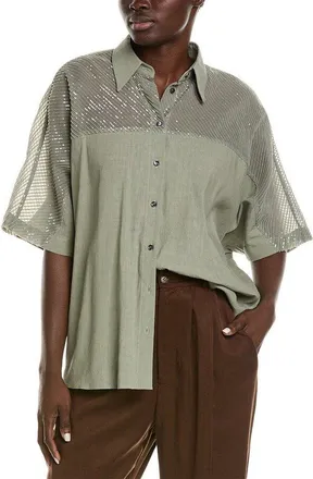 Brunello Cucinelli Sage Shirt With Sheer Sequined Yoke, Size Medium
