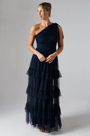 Oasis Womens Pleated Mesh One Shoulder Tiered Bridesmaids Dress - Navy - Size 12 UK