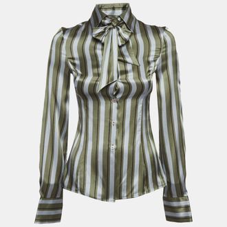 Emporio Armani Green/grey Striped Silk Detachable Bow Detail Shirt