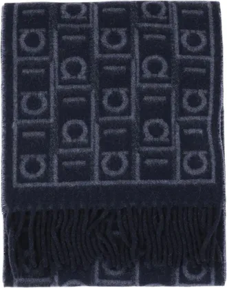 Ferragamo Navy Blue Hook Pattern Silk-Blend Scarf