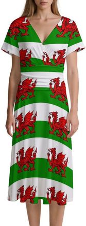 Generic Welsh Dragon Flags Womens Midi Dress Short Sleeve Casual Dresses V Neck M