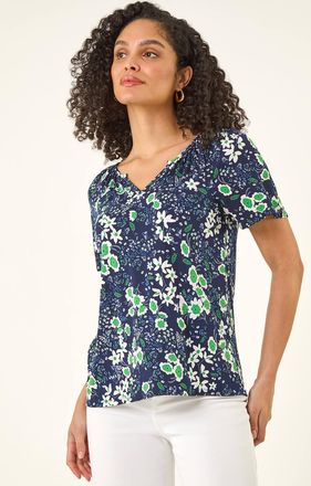 Roman Floral Gathered V-Neck Top