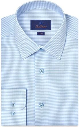 David Donahue Trim Fit Microcheck Stretch Cotton Twill Dress Shirt in Sky/White at Nordstrom, Size 15.5 - 34