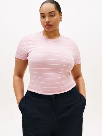 Tommy Hilfiger T-Shirt TOMMY HILFIGER CURVE CRV SLIM CODY C-NK SS, Damen, Gr. 48, fine stripe pink, ecru, Single Jersey, Obermaterial: 100% Baumwolle, gestreift, reg