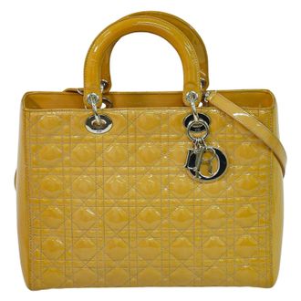 Dior Vintage Lady Dior Cannage Quilt Patent Beige Patent_Leather Handbag (Pre-Owned)