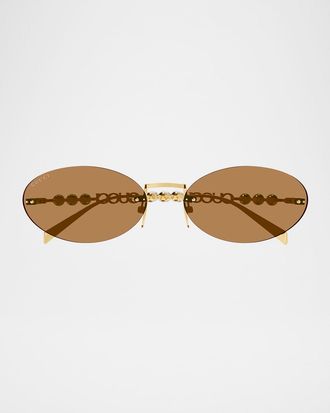 Gucci Rimless Metal Oval Sunglasses with Faux Pearls