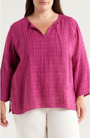 Eileen Fisher Split Neck Organic Linen Top in Sangria at Nordstrom, Size 1X