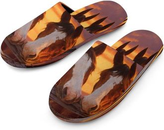 Generic Two Horses Sunset Mens Cotton Slippers Memory Foam Comfort House Shoes Winter Indoor Slipper for Hotel Casa Spa