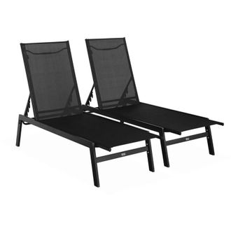 Sweeek Set of 2 multi-position deckchairs, textilene and steel, Flora, Black, 155x59x106 cm