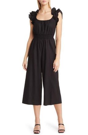 Vince Camuto Ruffle Shoulder Linen Blend Crop Jumpsuit in Black at Nordstrom Rack, Size 2
