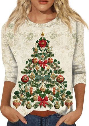 Generic Christmas Tops For Women Uk Xmas Jumper Novelty Graphic Sweatshirt 3 4 Sleeve Pullover Crew Neck Sweater Funny Shirts Xmas Snowflake Print Flowy Blous