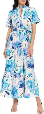London Times Ruffle Neck Maxi Dress in White/Blue at Nordstrom Rack, Size 10