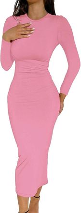 Generic Womens Long Sleeved Casual Autumn and Winter Dress High Waisted Womens Dress Womens Dresses Below The Knee (Pink, M)