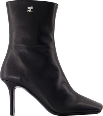 Courr&egrave;ges Zwarte leren enkellaarzen - Square Toe - Dames - Laarzen met Hak - Zwart - 38 EU - Leer - Schoenen