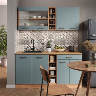 Vicco Cocina Para Solteros R-line, Roble Azul-gris-dorado, 160 Cm Sin Encimera