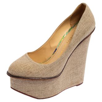 Charlotte Olympia Dark Beige Canvas Carmen Wedge Pumps