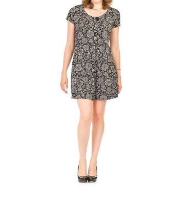 Papillon Floral Print Pleat Front 3/4 Sleeve A Line Dress In Grey