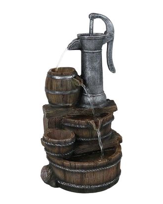 Sunnydaze Cozy Farmhouse Pump And Barrels Outdoor Fountain With Led Lights