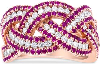 House of Brilliance 18K Rose Gold Red Ruby and 7/8 Cttw Diamond Woven Braided Band Ring