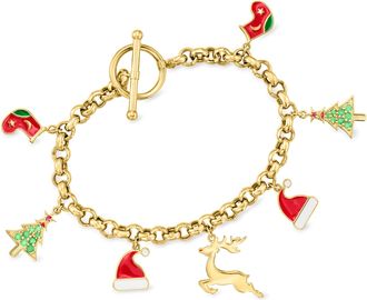 Ross-Simons Multi-Gemstone Christmas Charm Toggle Bracelet With Multicolored Enamel in 18kt Gold Over Sterling