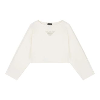 Emporio Armani Double Jersey Cropped Sweatshirt met Adelaar Borduursel - Dames - Sweatshirts - Wit - S - Katoen - Hoodies & sweatvesten