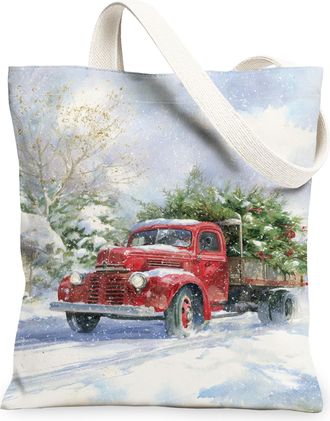 Generic Winter Vintage Truck Canvas Tote Bags, Christmas Tree Pattern Reusable Grocery Bags, Lightweight Washable Canvas for Travel, Red, 13x15 Inch